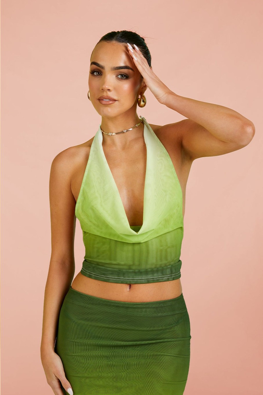 Tops Murci | Mesh Cowl Neck Top In Green Gradient