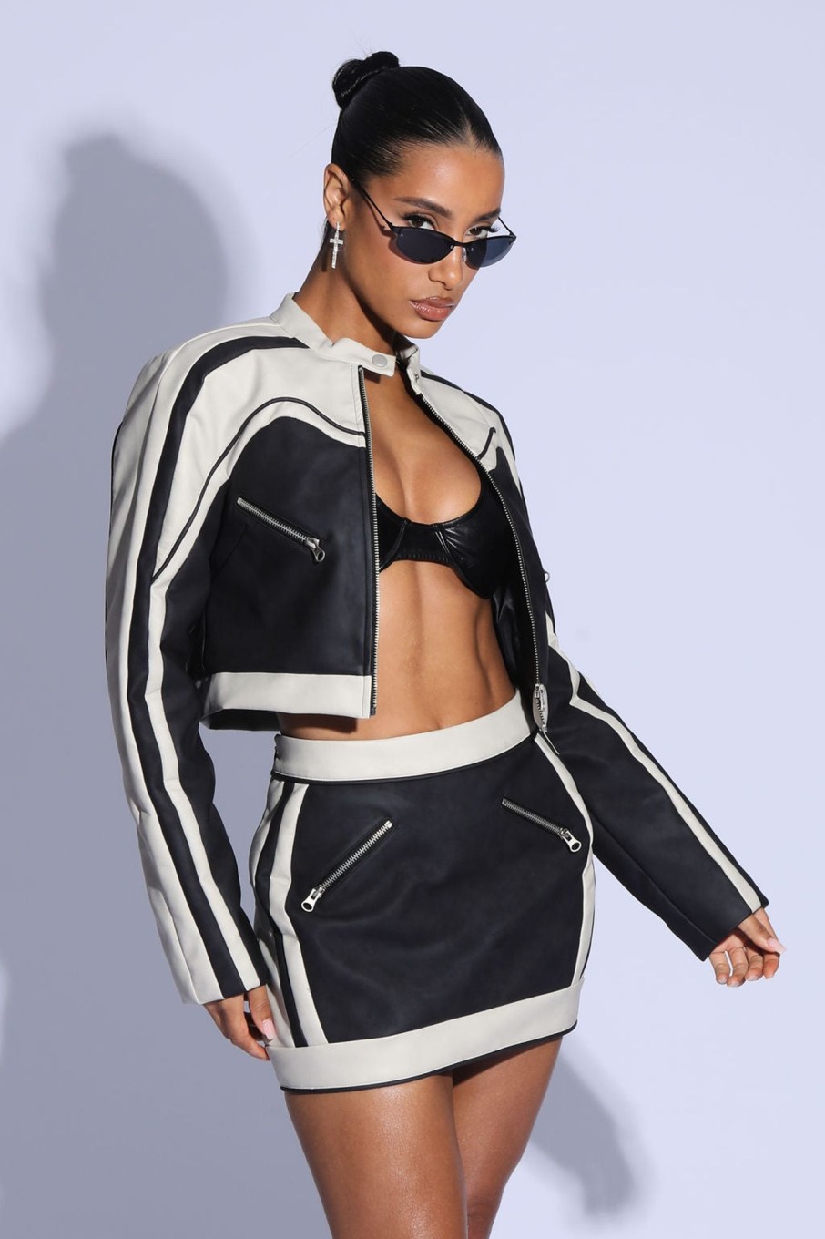 Coats & Jackets Murci | Pu Cropped Biker Jacket In Black And Cream