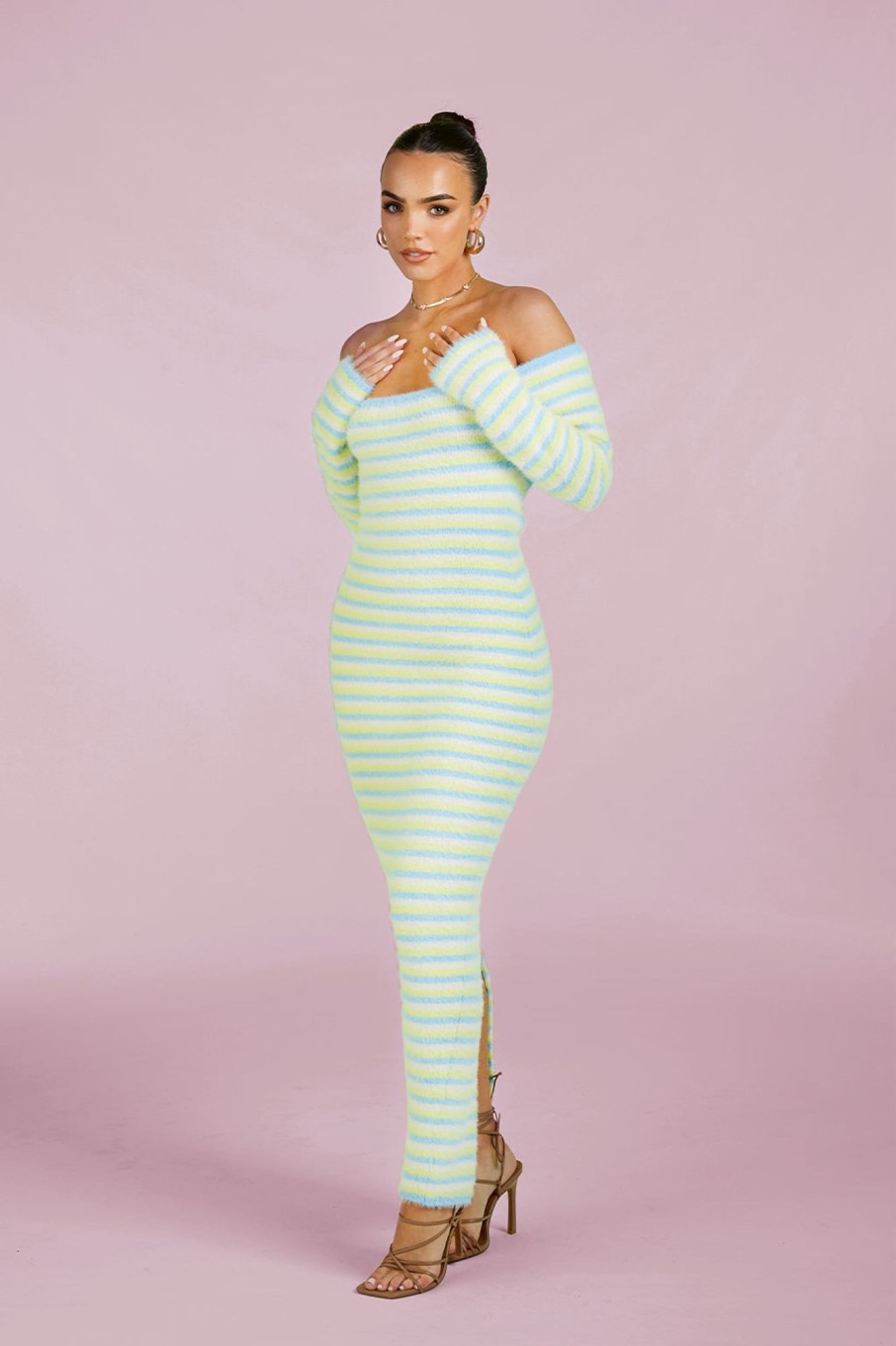 Dresses Murci | Bardot Maxi Dress In Sunrise Pinstripe