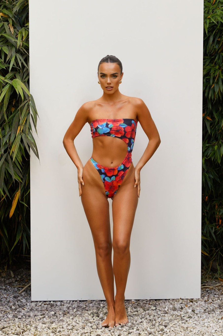 Swimwear Murci | Red Floral Cut Out Swimsuit