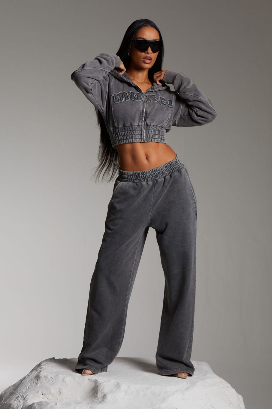 Loungewear Murci | Applique Cropped Zip Up Hoodie In Acid Washed Grey