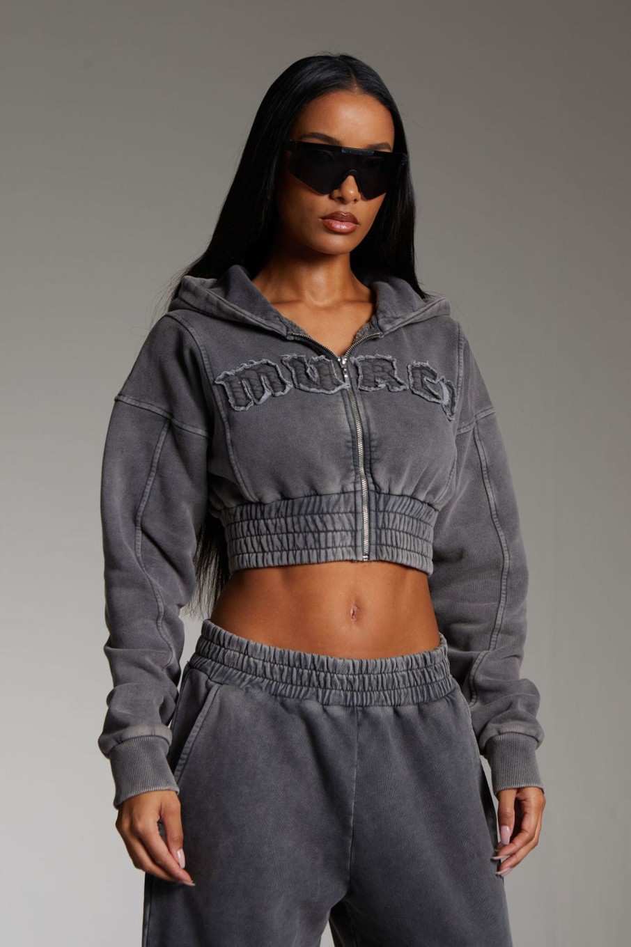 Loungewear Murci | Applique Cropped Zip Up Hoodie In Acid Washed Grey