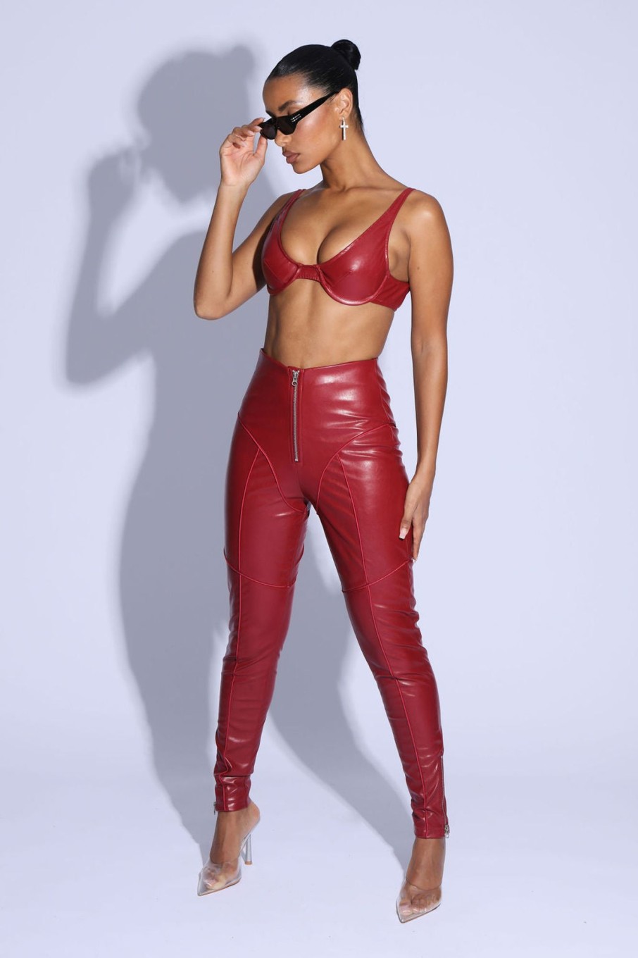 Trousers Murci | Pu Piped Detail Leather Leggings In Cherry