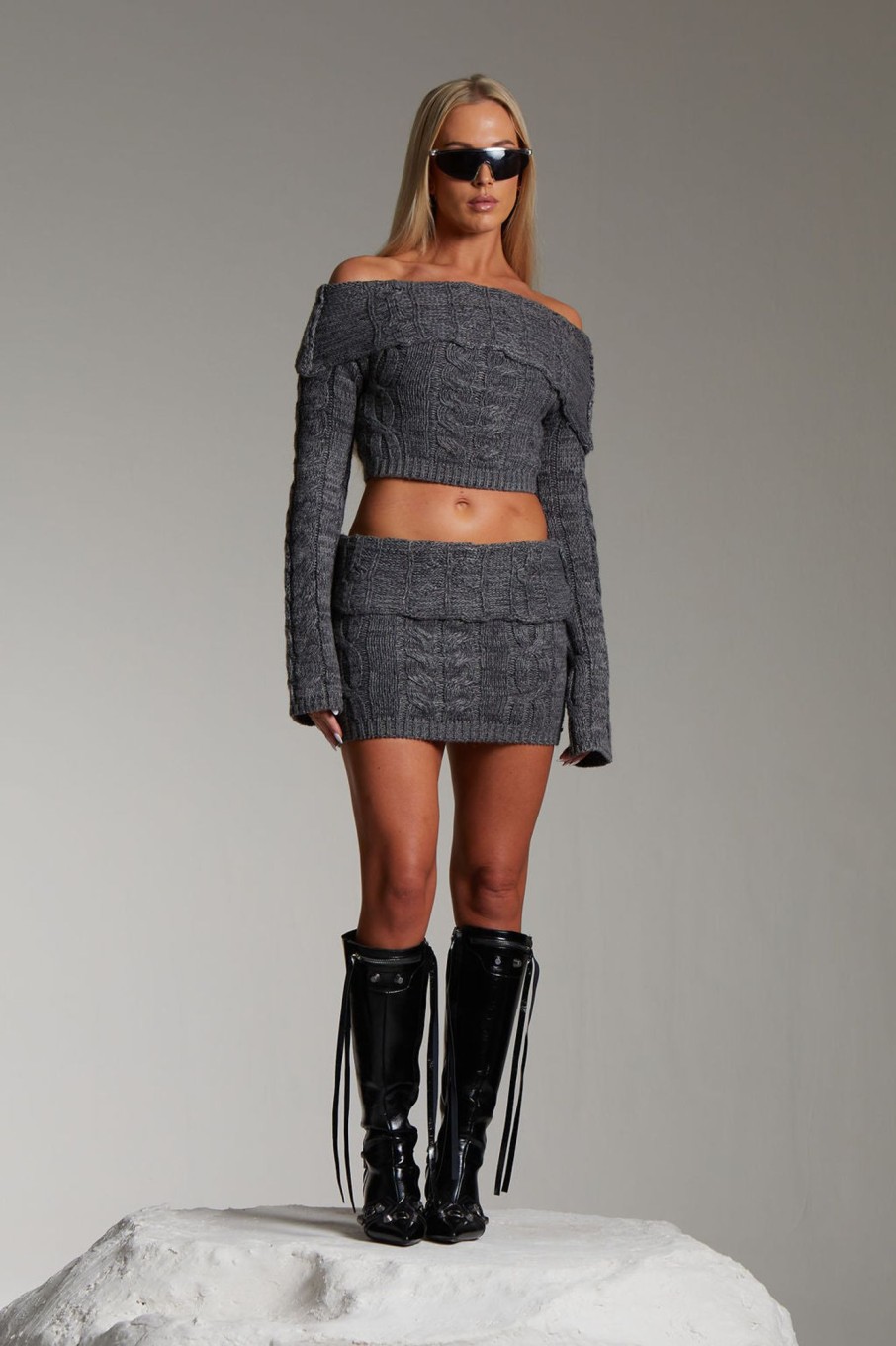 Co-Ords Murci | Fold Over Cable Knit Cropped Top In Charcoal