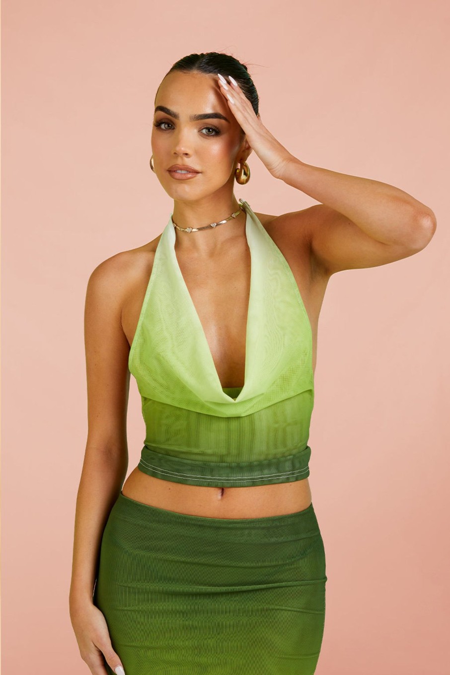 Co-Ords Murci | Mesh Cowl Neck Top In Green Gradient